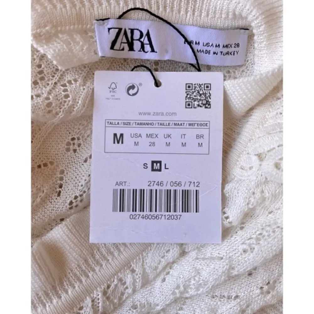 NWT Zara Mixed Pointelle Contrast Lace Detail Knit Mini Dress in Ecru, Medium